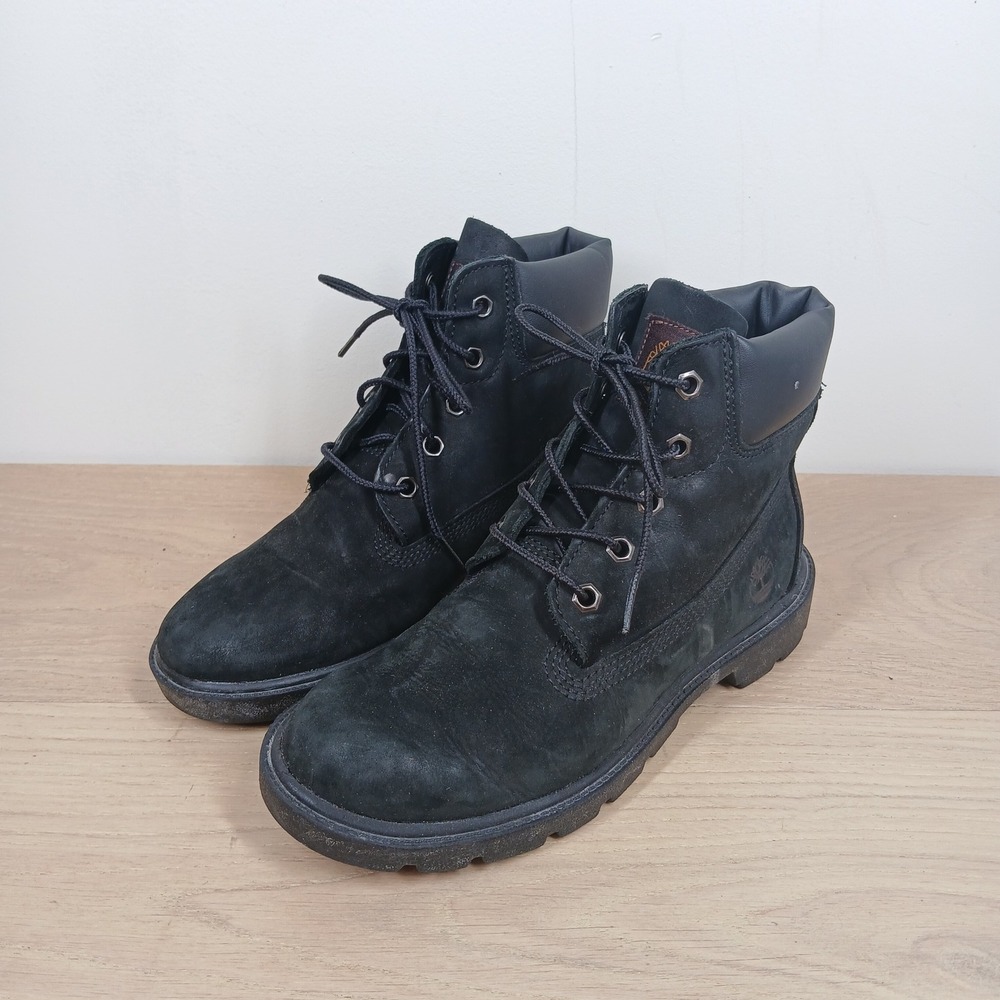 Timberland Boots Kids 4 Black Leather Nubuck Lace Up Lug Sole Work Hiking